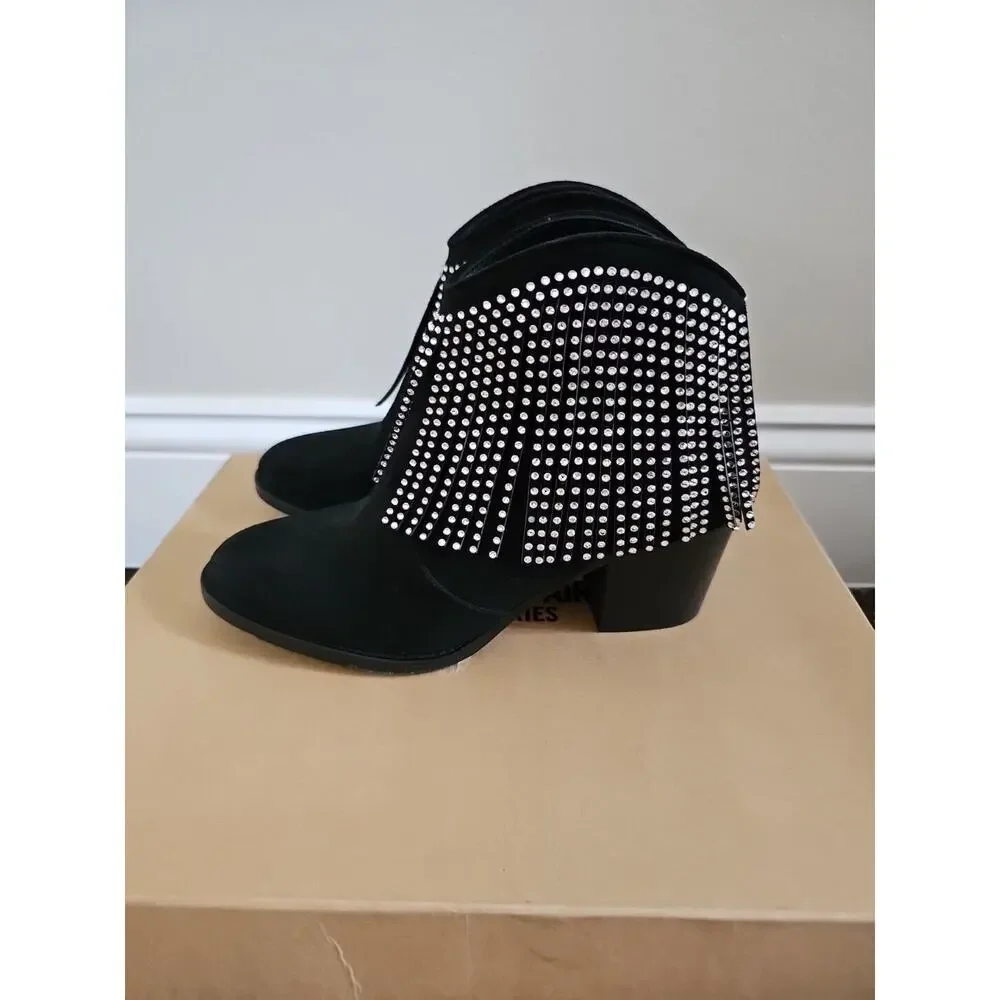 Zadig & Voltaire Molly Strass Crystal Fringe Ankle Boots Black Suede $568, Sz 36
